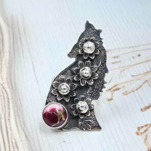 Red Rose Dahlia Turquoise  925 Sterling Silver Howling Wolf  Ring (RS105-830)
