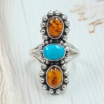 Amber & Kingman Turquoise 925 Sterling Silver Ring (REXT90-119)