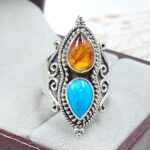 Amber & Kingman Turquoise 925 Sterling Silver Ring (REXT90-114)
