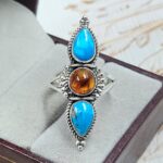 Amber & Kingman Turquoise 925 Sterling Silver Ring (REXT90-116)
