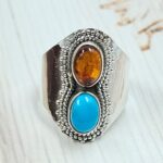 Amber & Kingman Turquoise 925 Sterling Silver Ring (REXT90-117)
