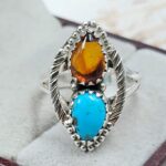 Amber & Kingman Turquoise 925 Sterling Silver Ring (REXT90-118)