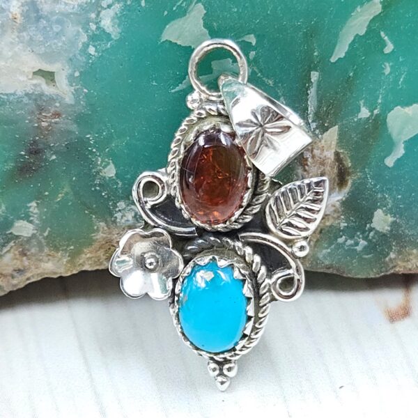 Amber & Kingman Turquoise 925 Sterling Silver Pendant (REXT90-124)
