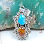 Amber & Kingman Turquoise 925 Sterling Silver Pendant (REXT90-122)