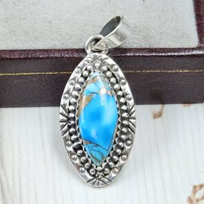 Ice Blue Dahlia Turquoise 1" 925 Sterling Silver Pendant (RS74-16)