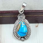 Ice Blue Dahlia Turquoise 1" 925 Sterling Silver Pendant (RS74-18)