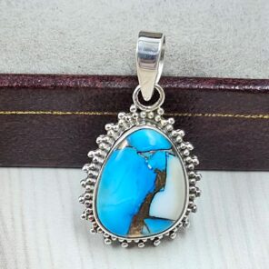 Ice Blue Dahlia Turquoise 0.75" 925 Sterling Silver Pendant (RS74-21)