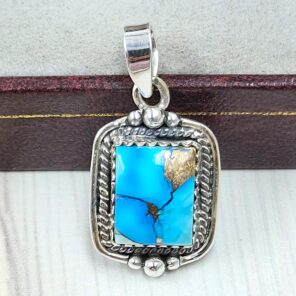 Ice Blue Dahlia Turquoise 1" 925 Sterling Silver Pendant (RS74-68)