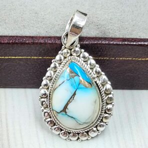 Ice Blue Dahlia Turquoise 1" 925 Sterling Silver Pendant (RS74-25)