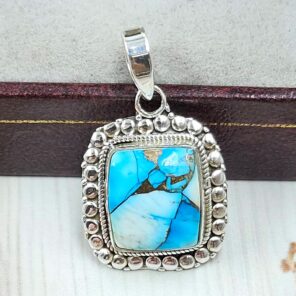 Ice Blue Dahlia Turquoise 1" 925 Sterling Silver Pendant (RS74-26)