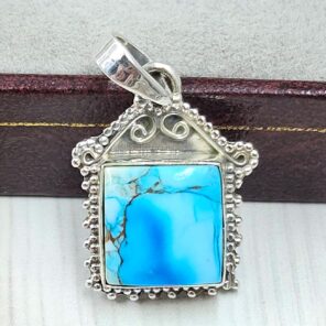 Ice Blue Dahlia Turquoise 1" 925 Sterling Silver Pendant (RS74-27)