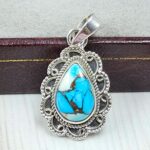 Ice Blue Dahlia Turquoise 1" 925 Sterling Silver Pendant (RS74-28)