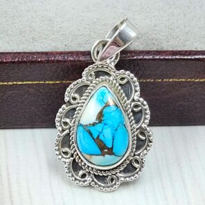 Ice Blue Dahlia Turquoise 1" 925 Sterling Silver Pendant (RS74-28)