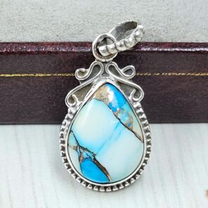 Ice Blue Dahlia Turquoise 1" 925 Sterling Silver Pendant (RS74-31)