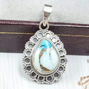 Ice Blue Dahlia Turquoise 1" 925 Sterling Silver Pendant (RS74-34)