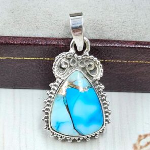Ice Blue Dahlia Turquoise 1" 925 Sterling Silver Pendant (RS74-35)