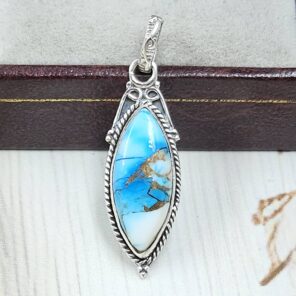 Ice Blue Dahlia Turquoise 1.25" 925 Sterling Silver Pendant (RS74-44)