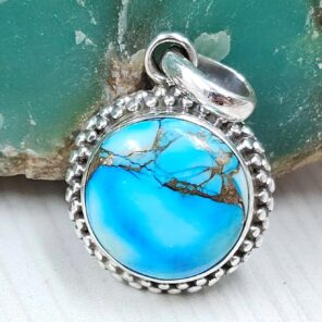 Ice Blue Dahlia Turquoise 0.75" 925 Sterling Silver Pendant (RS74-51)