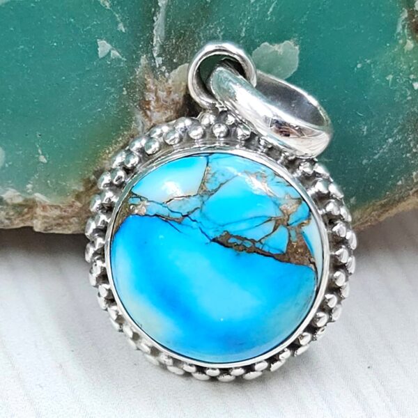 Ice Blue Dahlia Turquoise 0.75" 925 Sterling Silver Pendant (RS74-51)
