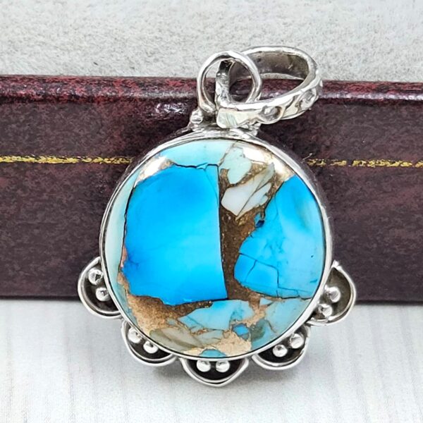 Ice Blue Dahlia Turquoise 0.75" 925 Sterling Silver Pendant (RS74-55)