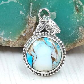 Ice Blue Dahlia Turquoise 0.75" 925 Sterling Silver Pendant (RS74-63)