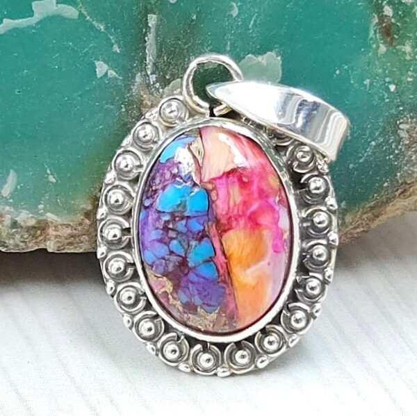 Pink Dahlia Turquoise 0.75" 925 Sterling Silver Pendant (RS31-140)