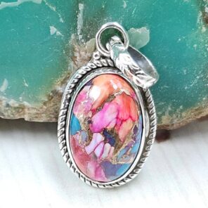 Pink Dahlia Turquoise 0.75" 925 Sterling Silver Pendant (RS31-146)