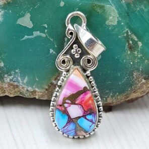 Pink Dahlia Turquoise 1.25" 925 Sterling Silver Pendant (RS31-147)