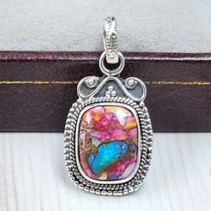 Pink Dahlia Turquoise 0.75" 925 Sterling Silver Pendant (RS31-162)