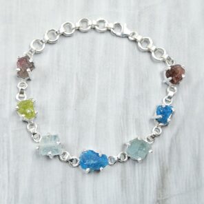 Raw Multi Natural Gemstone 7.5" 925 Sterling Silver Bracelet (REXT121-60)