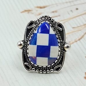 Aurora Opal Checkerboard Size US 6 925 Sterling Silver Ring (REXT112-162)