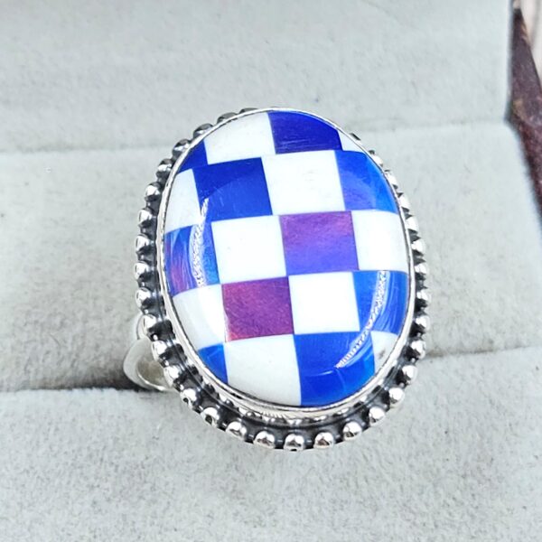 Aurora Opal Checkerboard Size US 9 925 Sterling Silver Ring (REXT112-166) - Image 3