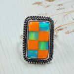 Aurora Opal Checkerboard Size US 8 925 Sterling Silver Ring (REXT112-187)