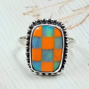 Aurora Opal Checkerboard Size US 8 925 Sterling Silver Ring (REXT112-180)