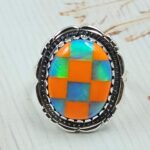 Aurora Opal Checkerboard Size US 9 925 Sterling Silver Ring (REXT112-169)