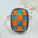 Aurora Opal Checkerboard Size US 6 925 Sterling Silver Ring (REXT112-167)