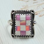 Aurora Opal Checkerboard Size US 10 925 Sterling Silver Ring (REXT112-159)