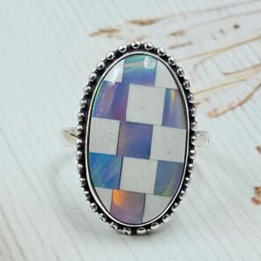 Aurora Opal Checkerboard Size US 10 925 Sterling Silver Ring (REXT112-157)