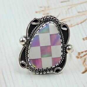 Aurora Opal Checkerboard Size US 9 925 Sterling Silver Ring (REXT112-148)