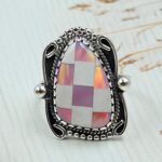 Aurora Opal Checkerboard Size US 10 925 Sterling Silver Ring (REXT112-143)