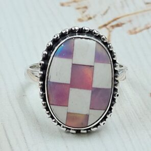 Aurora Opal Checkerboard Size US 8 925 Sterling Silver Ring (REXT112-145)