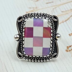 Aurora Opal Checkerboard Size US 8 925 Sterling Silver Ring (REXT112-138)