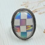 Aurora Opal Checkerboard Size US 6 925 Sterling Silver Ring (REXT112-129)