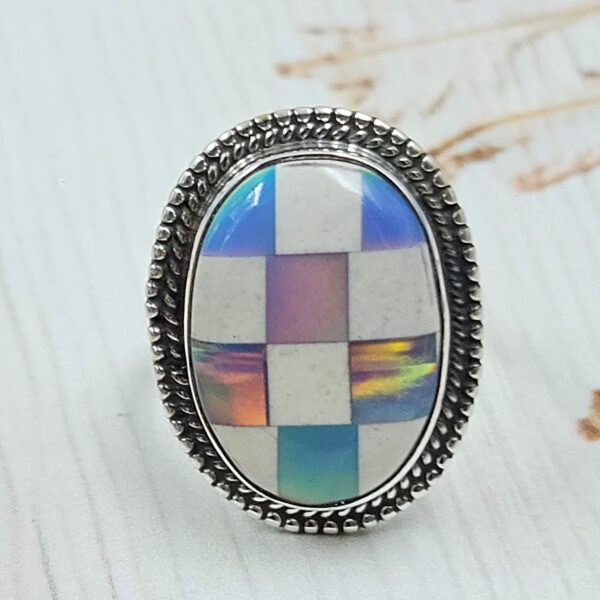 Aurora Opal Checkerboard Size US 6 925 Sterling Silver Ring (REXT112-129)