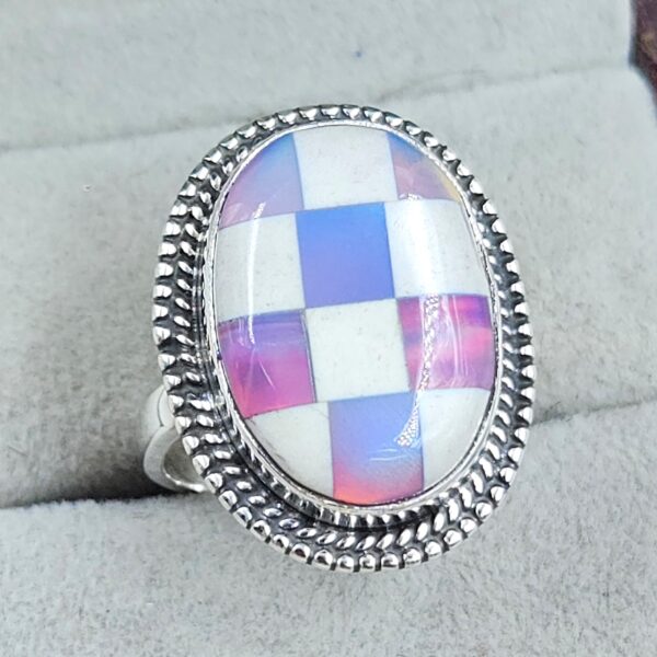 Aurora Opal Checkerboard Size US 6 925 Sterling Silver Ring (REXT112-129) - Image 3