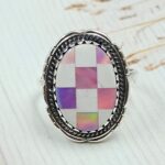 Aurora Opal Checkerboard Size US 9 925 Sterling Silver Ring (REXT112-132)