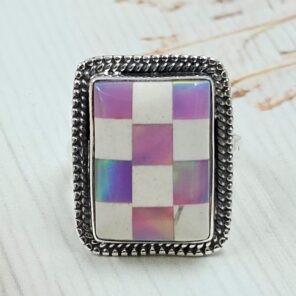 Aurora Opal Checkerboard Size US 8 925 Sterling Silver Ring (REXT112-128)