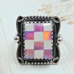 Aurora Opal Checkerboard Size US 9 925 Sterling Silver Ring (REXT112-127)