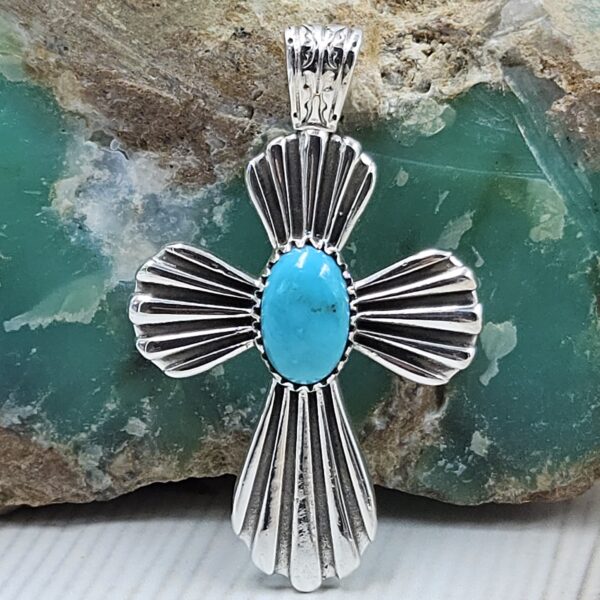 Kingman Turquoise 1.25" 925 Sterling Silver Southwest Penadnt (REXT120-10) - Image 2