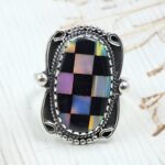 Aurora Opal Checkerboard Size US 10 925 Sterling Silver Ring (REXT112-64)
